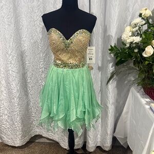 Sherri Hill Style 1928 Light Green Fit-to-Flare Strapless Beaded Dress, Size 4.
